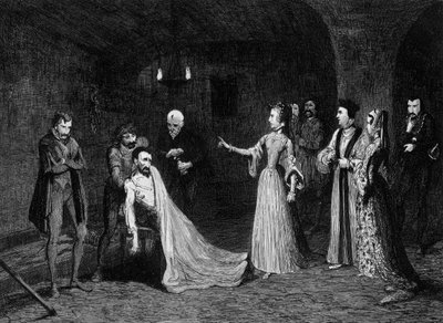 Prinzessin Elizabeth konfrontiert mit Sir Thomas Wyatt in der Folterkammer, 1554 1840 von George Cruikshank