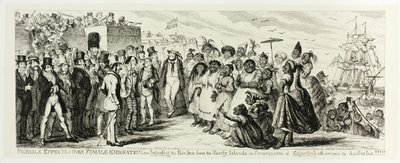 Wahrscheinliche Auswirkungen der Überemigration von Frauen oder Import der schönen Geschlechter von den wilden Inseln infolge des Exports aller unserer eigenen nach Australien!!!!! aus George Cruikshanks Stahlradierungen zu The Comic Almanacks: 1835-1853 von George Cruikshank