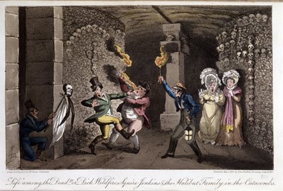 Spaziergang in den Katakomben (in „Leben in Paris“ von David Carey, illustriert von Georges Cruikshank, herausgegeben von Faiburn, London) von George Cruikshank
