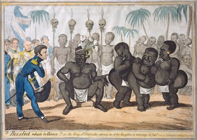 "Verwirrt, welche zu wählen!! oder Der König von Tombuctoo bietet eine seiner Töchter zur Heirat an Kapitän", nach Kapitän E. Judel, veröffentlicht von G. Humphrey von George Cruikshank