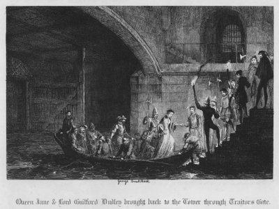 Königin Jane und Lord Guilford Dudley werden durch das Verrätertor in den Turm zurückgebracht (Gravur) von George Cruikshank