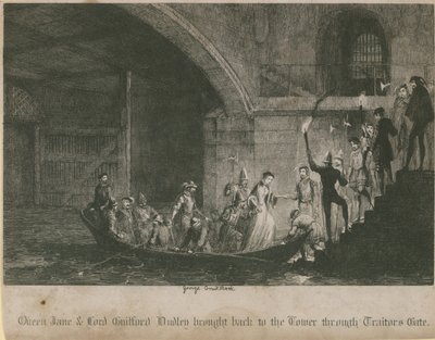 Königin Jane und Lord Guilford Dudley werden durch das Verrätertor zurück in den Turm gebracht von George Cruikshank
