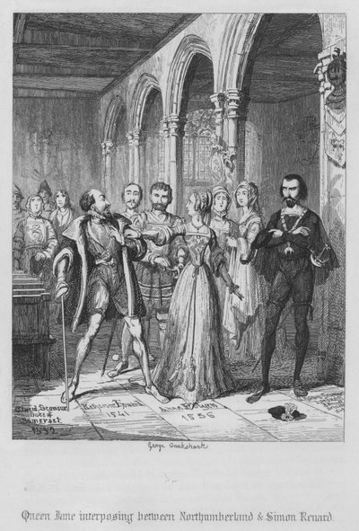 Königin Jane vermittelt zwischen Northumberland und Simon Renard (Stich) von George Cruikshank
