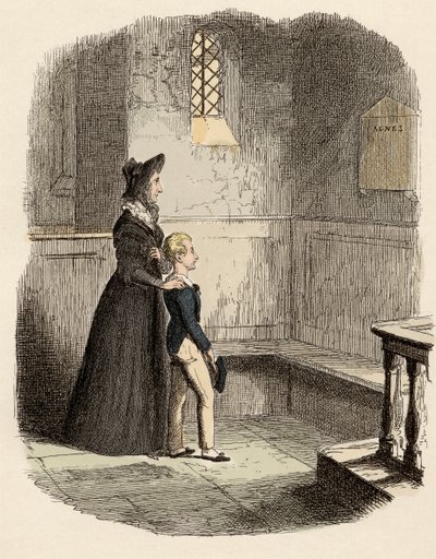 Rose Maylie und Oliver vor der Gedenktafel von Agnes, ihrer Schwester und Mutter - Illustration für „Oliver Twist“ von Charles Dickens, von George Cruikshank von George Cruikshank