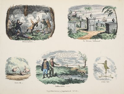 Schnipsel und Skizzen: Erhaltung, Eine afrikanische Siedlung, Löffelreiher, Ärgernis, Ein eitler Mann, veröffentlicht 1831 von George Cruikshank
