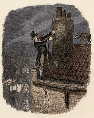 Sikes, gefolgt von seinem Hund, versucht zu entkommen - Illustration für „Oliver Twist“ von Charles Dickens (1812-1870) von George Cruikshank