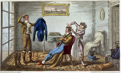 Schneider und Friseur zu Hause - in „Life in Paris“ von David Carey, ill. von George Cruikshank, ed. Fairburn, London von George Cruikshank