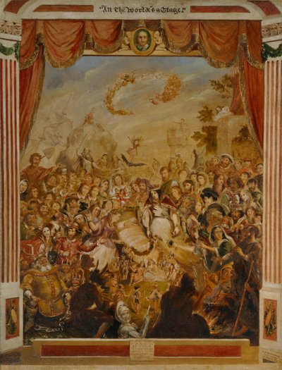 Das erste Auftreten von William Shakespeare (1564-1616) auf der Bühne des Globe mit einem Teil seiner Schauspieltruppe im Jahr 1564 von George Cruikshank