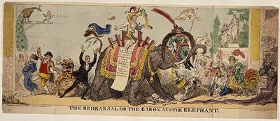 Die Probe oder der Baron und der Elefant, satirischer Druck über Kembles aufwendige Produktionen im Covent Garden Theatre mit Tieren von George Cruikshank