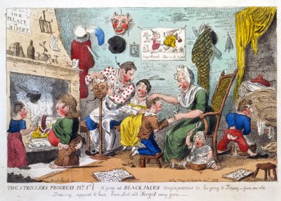 Der Fortschritt der Spaziergänger, Platte 1, ein Blick auf Black Jacks Ursprung vor seiner Reise nach Douay, veröffentlicht 1809 von George Cruikshank