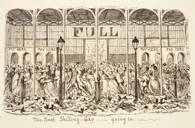 Der erste Schilling-Tag - Eintritt, veröffentlicht 1851 (Gravur) von George Cruikshank