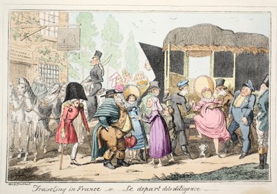 Reisen in Frankreich oder Le Depart de la Diligence, veröffentlicht 1835 (handkolorierte Radierung) von George Cruikshank