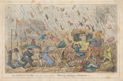 Sehr unangenehmes Wetter oder das alte Sprichwort bestätigt "Es regnet Katzen, Hunde und Mistgabeln."!!! von George Cruikshank