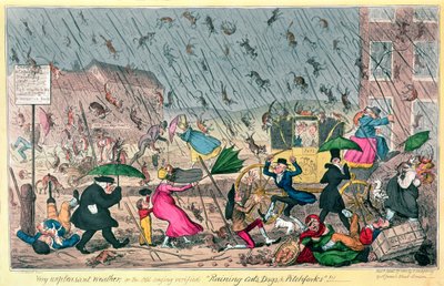 Sehr unangenehmes Wetter, oder das alte Sprichwort bewahrheitet sich: Es regnet Katzen, Hunde und Mistgabeln!, veröffentlicht von G. Humphrey, 1820 von George Cruikshank
