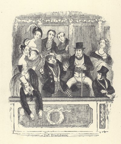 Viktorianische Theaterbesucher drängen sich in eine Loge in einem Londoner Theater (Gravur) von George Cruikshank