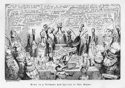 Wein in Gärung und Spirituosen in heißem Wasser (Stich) von George Cruikshank