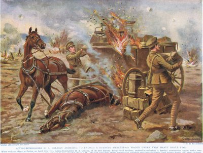 Bombardier H.A. Creasey hilft, einen brennenden Munitionswagen unter schwerem Beschuss zu entladen, Illustration aus 