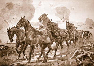 Lance-Corporal Holmes übernimmt die Stelle eines verwundeten Fahrers und hilft, eine Kanone unter schwerem Beschuss aus der Gefechtslinie zu fahren von George Derville Rowlandson