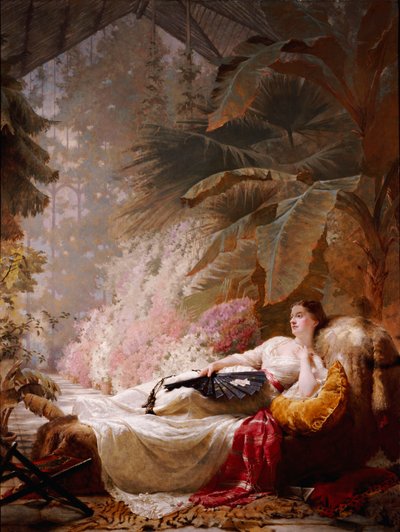 Porträt von Adelaide Maria Guinness, auf einem Sofa in einem Wintergarten liegend, 1885 von George Elgar Hicks