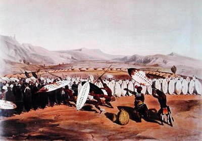 Umpanda überprüft seine Truppen in Nonduengo, graviert von J. Needham, ca. 1849 von George French (after) Angas