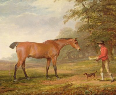 Ein braunes Pferd wird von einem Stallburschen mit Futter und Halfter angesprochen, 1789 von George Garrard