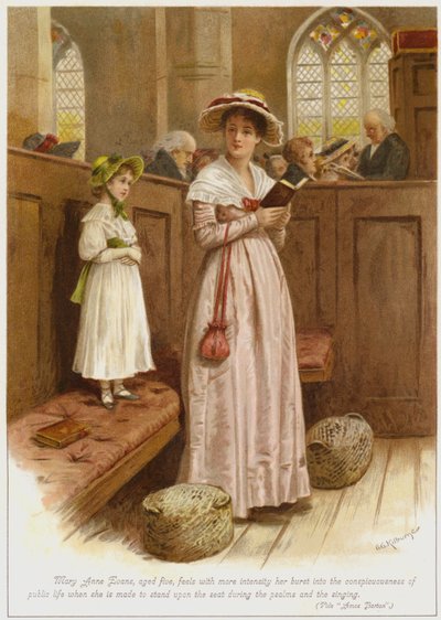 Mary Anne Evans, fünf Jahre alt, fühlt mit mehr Intensität ihren Eintritt in das öffentliche Leben, als sie während der Psalmen und des Singens auf den Sitz gestellt wird von George Goodwin Kilburne
