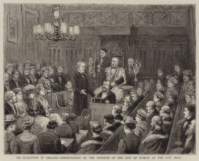 Mr. Gladstone in Irland, Verleihung der Ehrenbürgerschaft der Stadt Dublin im Rathaus von George Goodwin Kilburne