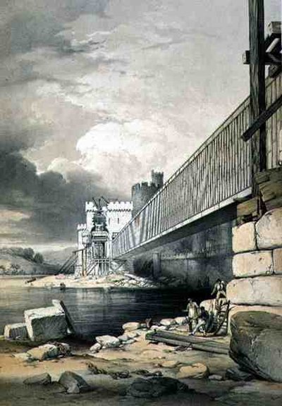 Conway Tubular Bridge, mit den Vorbereitungen zum Heben des zweiten Rohrs, veröffentlicht 1849 von George Hawkins