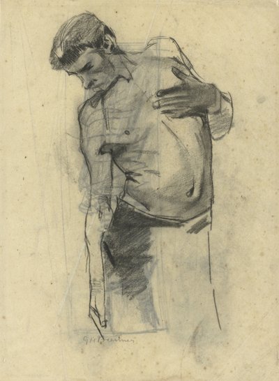 Modellstudie eines stehenden halbnackten Mannes, nach unten schauend von George Hendrik Breitner
