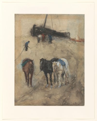 Pferde am Strand, im Hintergrund ein Boot und Fischer von George Hendrik Breitner