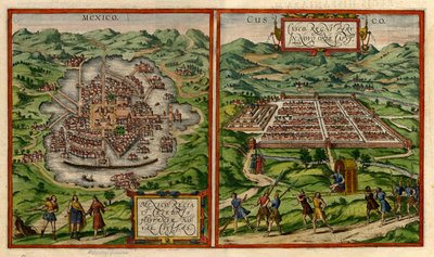Ansichten von Mexiko-Stadt (ehemals Tenochtitlán) und Cusco von George & Hogenberg Frans & Pinet Antoine du Braun