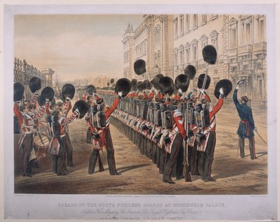 Parade der Scots Fusilier Guards am Buckingham Palace am Morgen ihrer Abreise zum Kriegsschauplatz, 2. März 1854, graviert von E. Walker, veröffentlicht von Colnaghi und Co., 1854 von George Housman Thomas