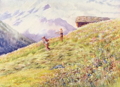 Heuernte in Champex Mitte Juli (Farblithographie) von George Jackson Flemwell