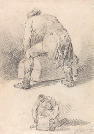 Ein Mann hebt einen Koffer, zwei Studien auf einem Blatt von George Morland
