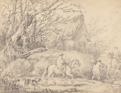 Landschaft mit Hütte und Figuren zu Pferd von George Morland