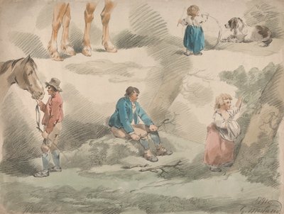 Satz von fünf: Studien von Mädchen, eines spielt mit Reifen, eines pflückt Beeren, Mann und Pferd usw. von George Morland