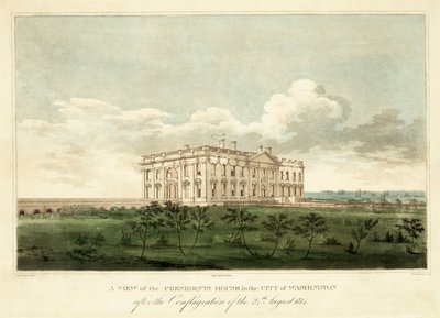 Ein Blick auf das Präsidentenhaus in der Stadt Washington nach dem Brand vom 24. August 1814 von George Moutard Woodward