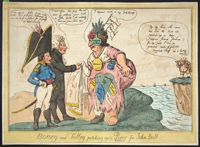 Boney und Talley flicken ein Stück für John Bull, veröffentlicht 1806 (handkolorierte Gravur) von George Moutard Woodward