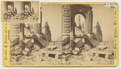 Stereograph des Bryan Block an der nordwestlichen Ecke der Monroe und LaSalle Streets nach dem Chicago-Feuer von 1871, 1871 von George N. Barnard