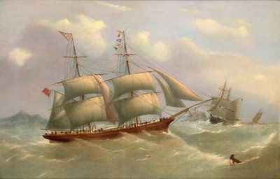 Die Ellen Ashcroft von Whitehaven unter reduzierten Segeln, in zwei Positionen vor einer felsigen Landzunge, um 1868 von George Nelson