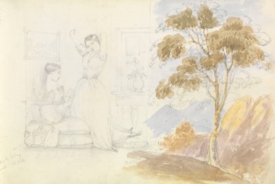 Skizze von zwei jungen Frauen, eine sitzt und liest, die andere streckt sich und gähnt (gezeichnet von Lord Bury) mit einer Zeichnung eines Baumes daneben von George Pechell Mends