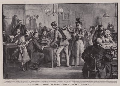 Ein Wanderverkäufer von Ansichtskarten in einem Berliner Café von George Percy Jacomb Hood