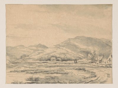 Hügellandschaft mit einigen Häusern und links ein Fluss von George Pieter Westenberg
