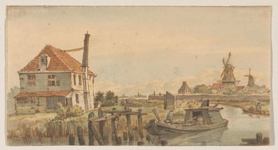 Kanal mit einem Boot, einem Haus und zwei Mühlen von George Pieter Westenberg