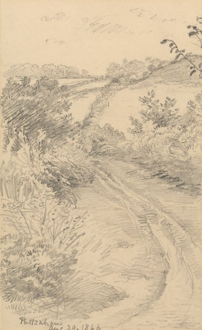Ein buschiger Weg mit einem Feld dahinter von George Richmond