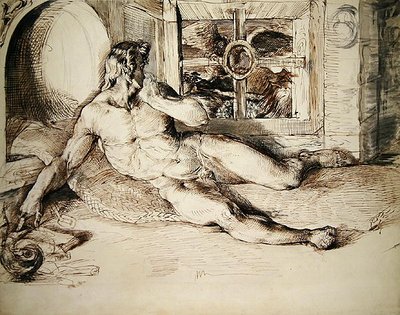 Ein liegender Jugendlicher, erschreckt von einer Eule von George Richmond