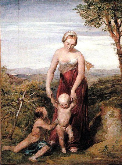 Eine Frau mit zwei Kindern in einer hügeligen Landschaft von George Richmond