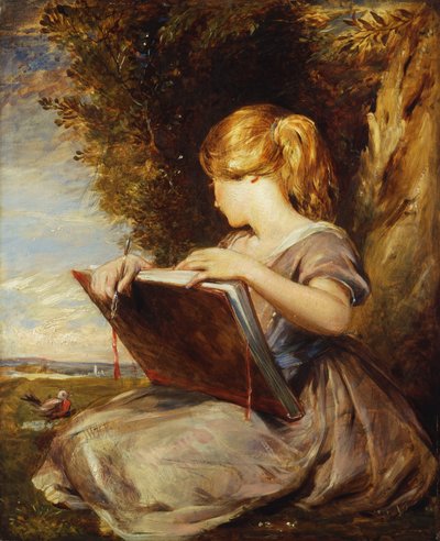 Ein junges Mädchen sitzt unter einem Baum mit einem Skizzenbuch von George Richmond