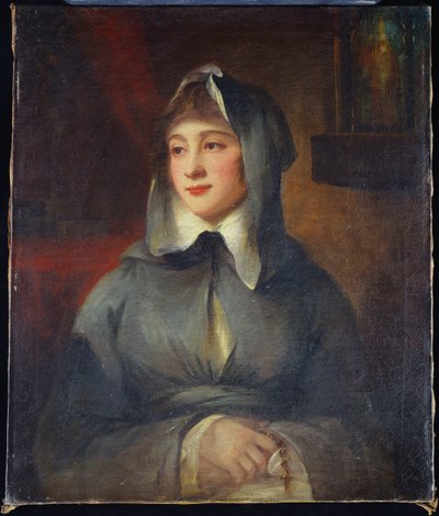 Porträt einer Dame, halbe Länge, als Nonne, hält einen Rosenkranz, bei einem Schrein im Inneren von George Romney