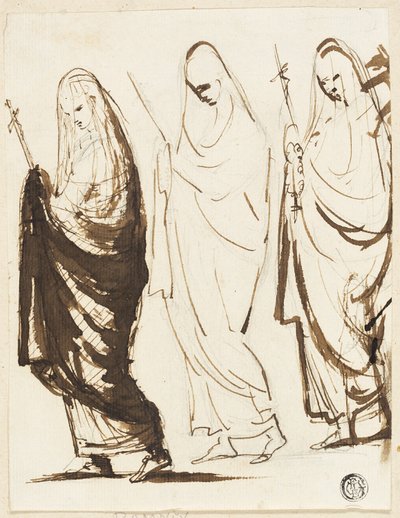 Prozession von drei verhüllten Frauen, die Kreuze oder Zepter halten von George Romney